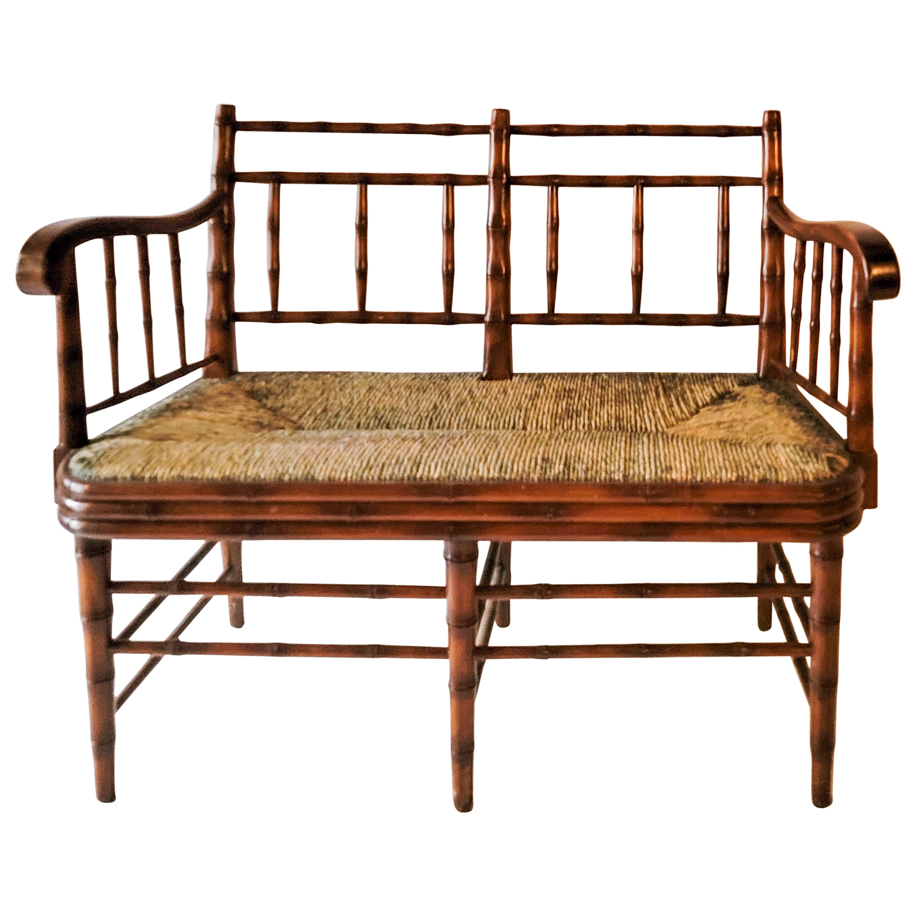 Late 20th Century French Style Faux Bamboo Settee with Rush Seat by Sarreid