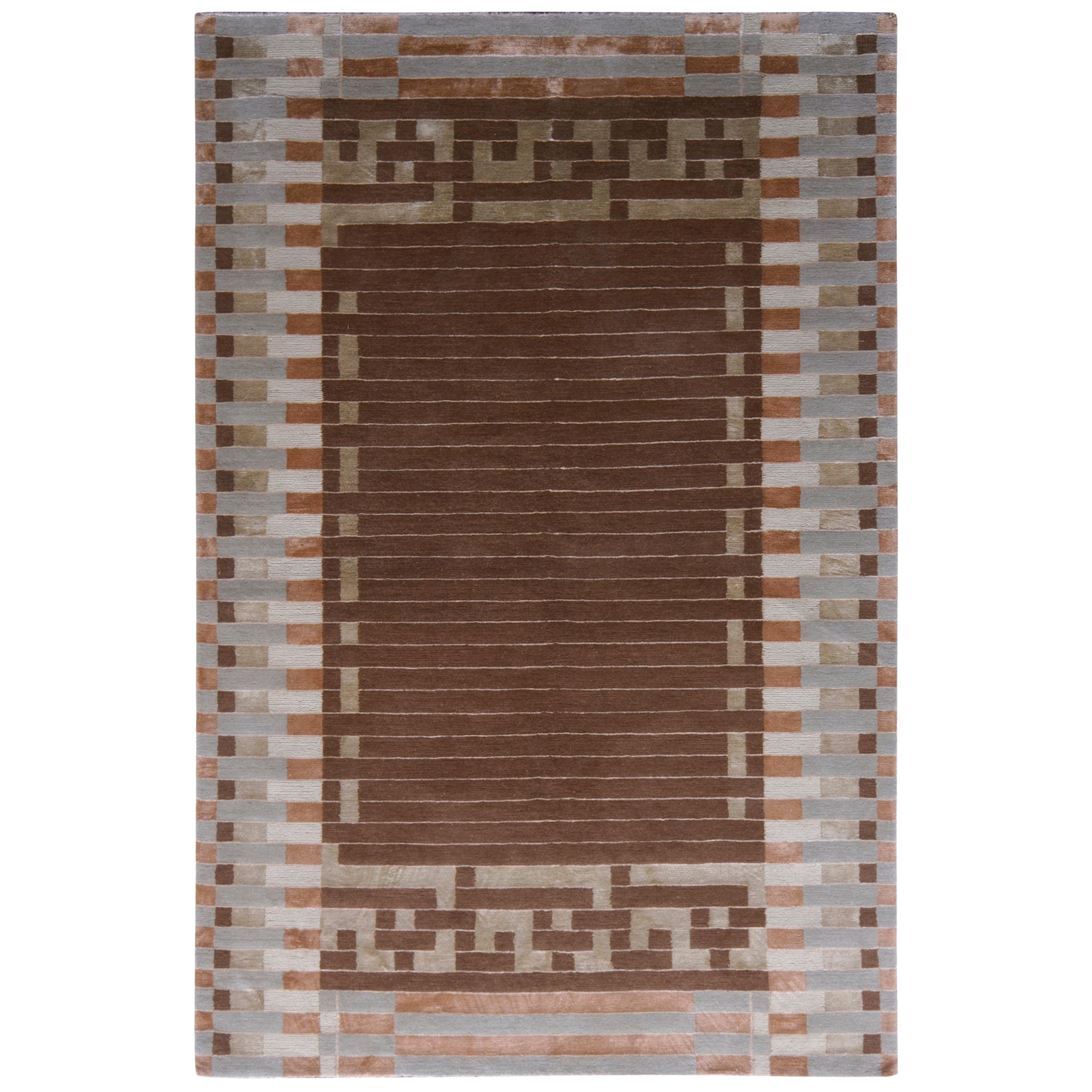 Rug & Kilim's Hand-Knotted Austrian Art Deco Style Rug Brown Green Pattern For Sale