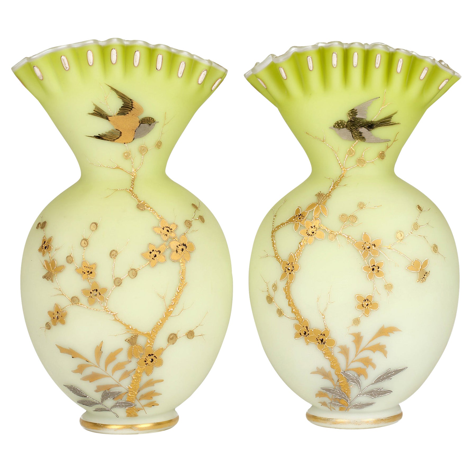 Jules Barbe for Thomas Webb Pair Satin Green Glass Vases with Birds