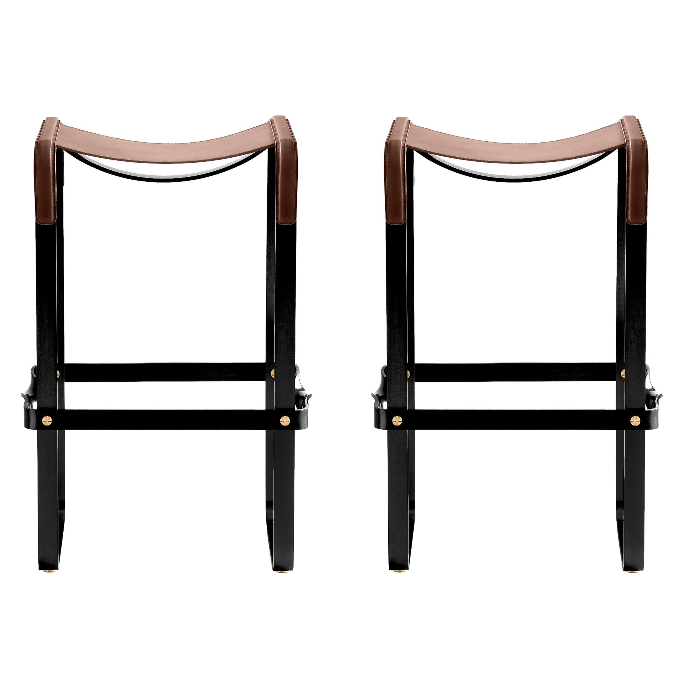 Pair Classic Contemporary Bar Stool Black Smoke Steel & Dark Brown Leather For Sale