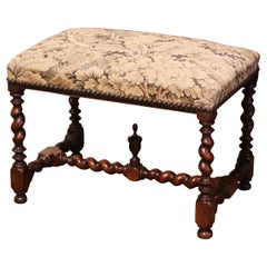 Antique 19th Century French Louis XIII Carved Barley Twist Walnut Bench with Needlepoint