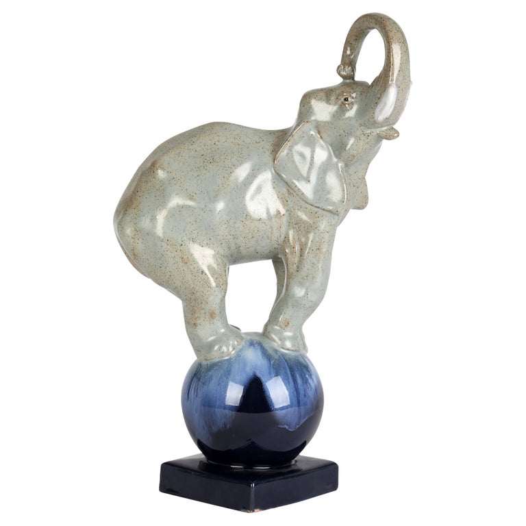 Art Deco French Glazed Pottery Circus Performing Elephant Figure For Sale