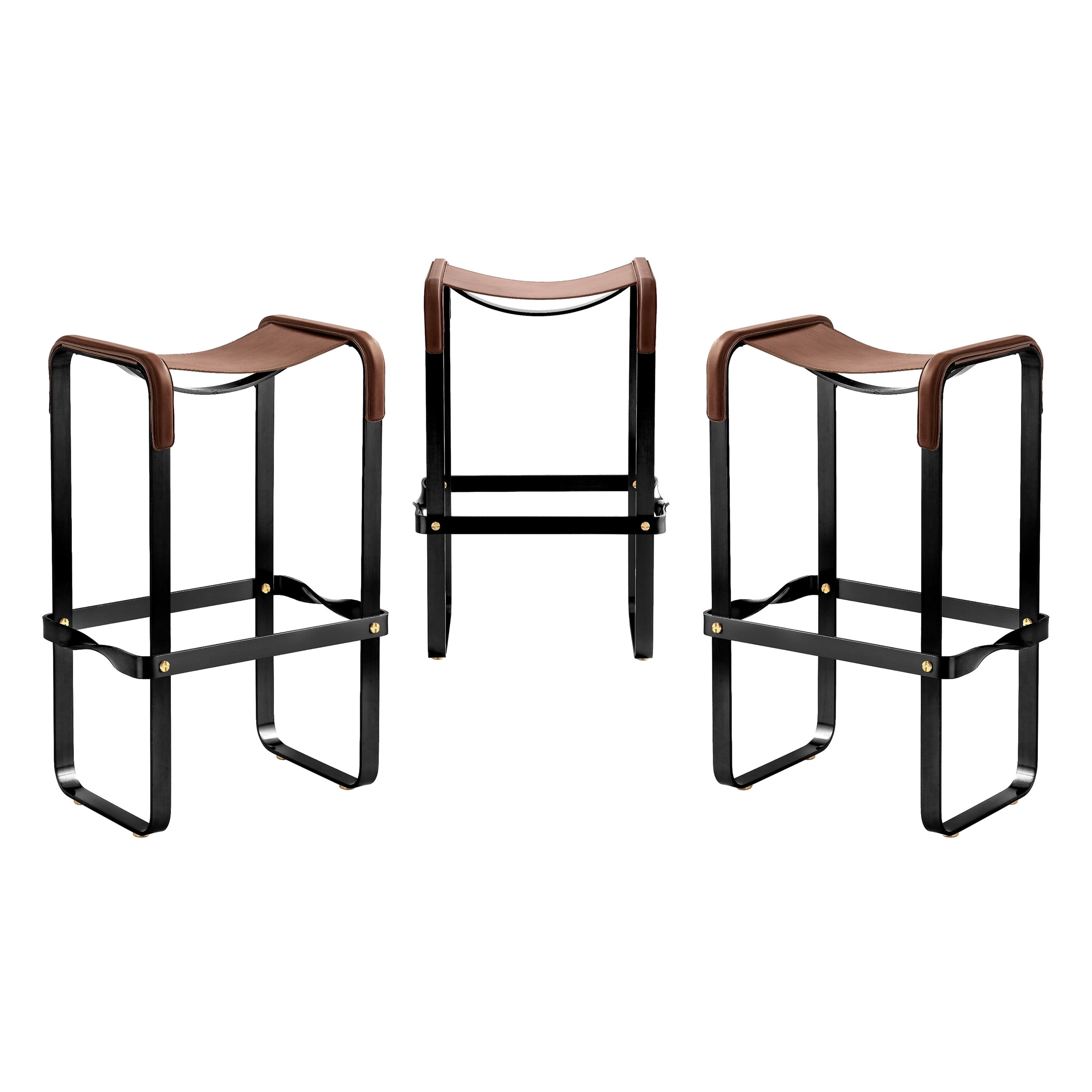 Set of 3 Classic Contemporary Bar Stool Black Smoke Steel & Dark Brown Leather For Sale