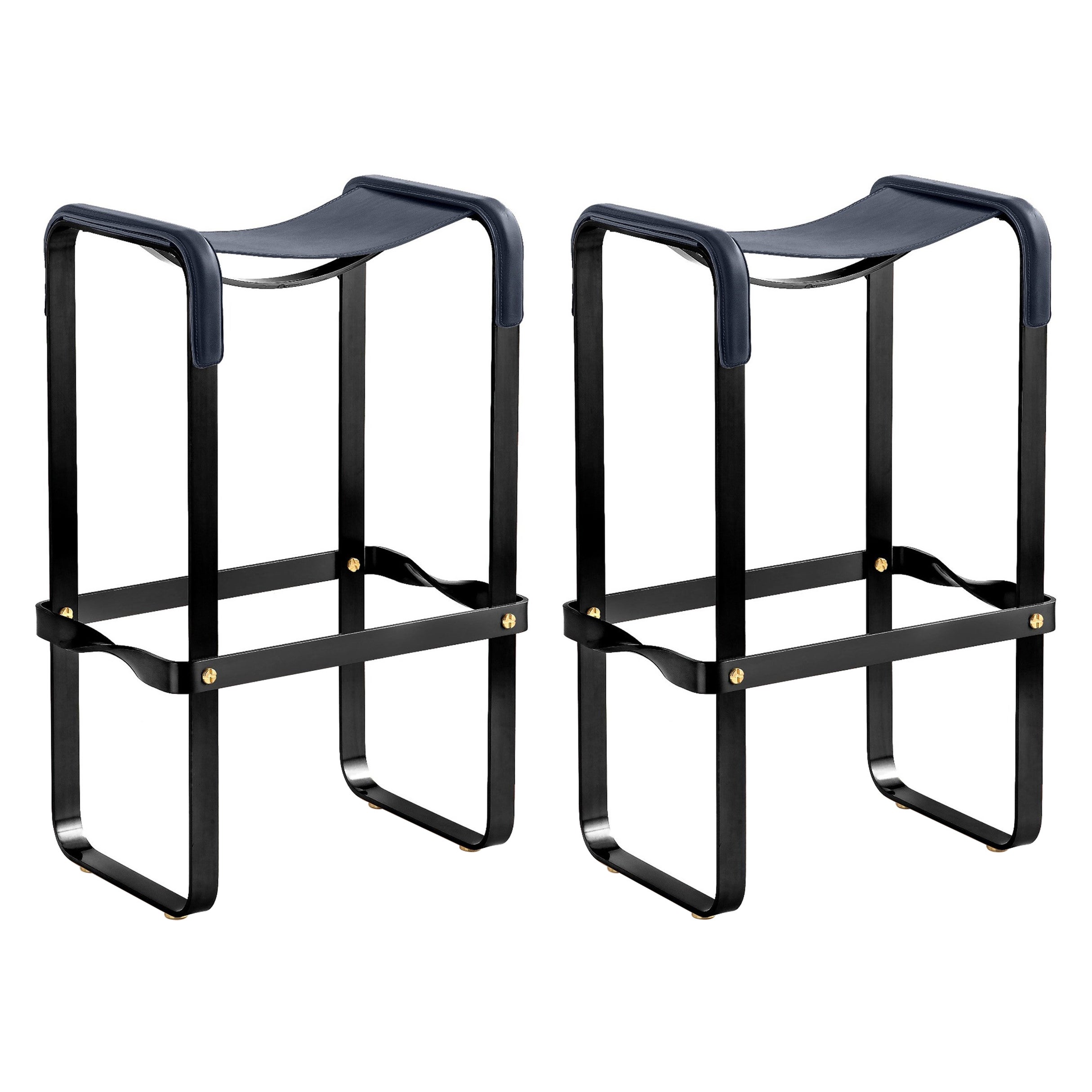 Pair Contemporary  Bar Stool Black Smoke Metal & Navy Blue Leather For Sale