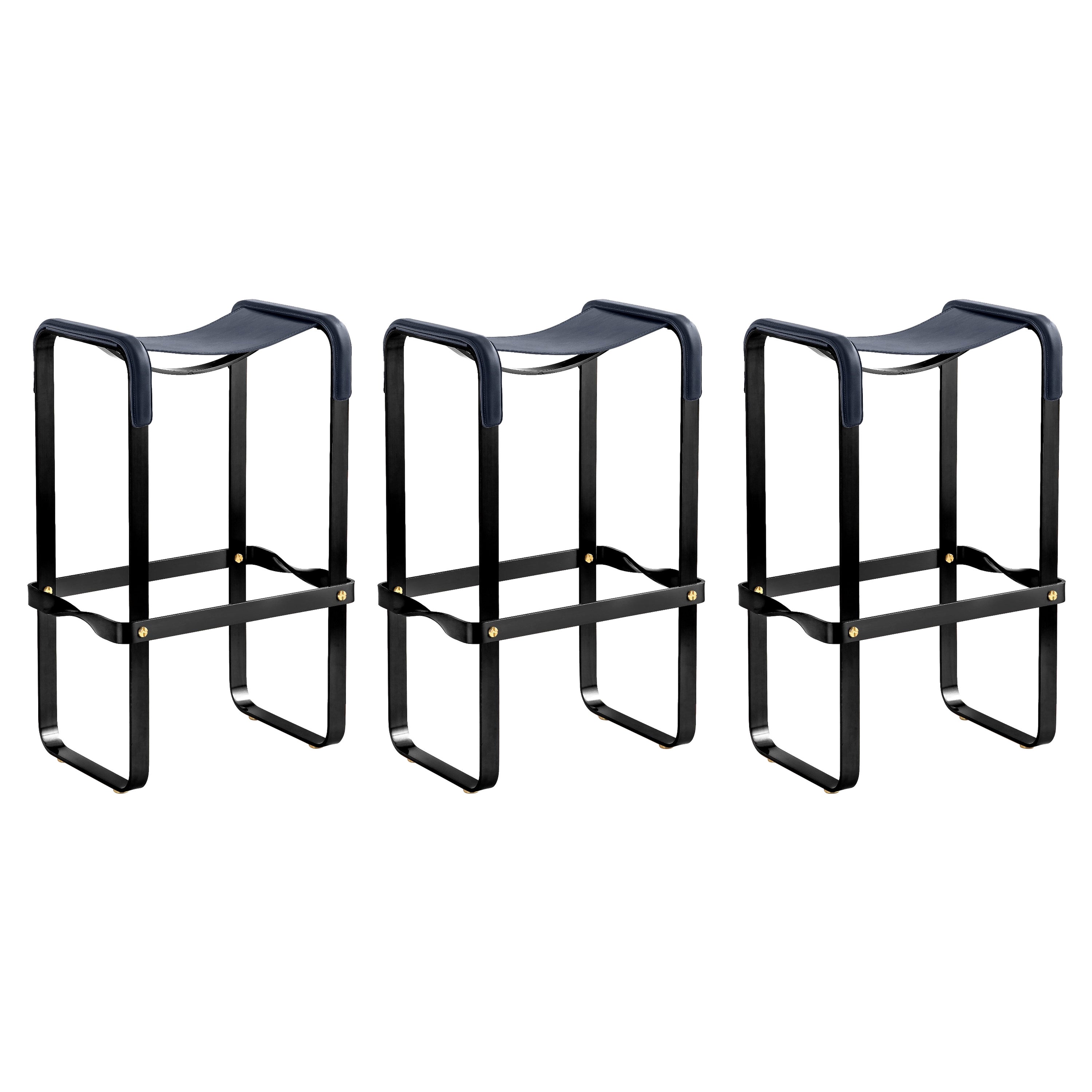 Set of 3 Contemporary Modern Bar Stool Black Smoke Metal & Navy Blue Leather For Sale