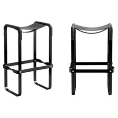 Pair Classic Contemporary Handmade Bar Stool Black Smoke Steel & Black Leather