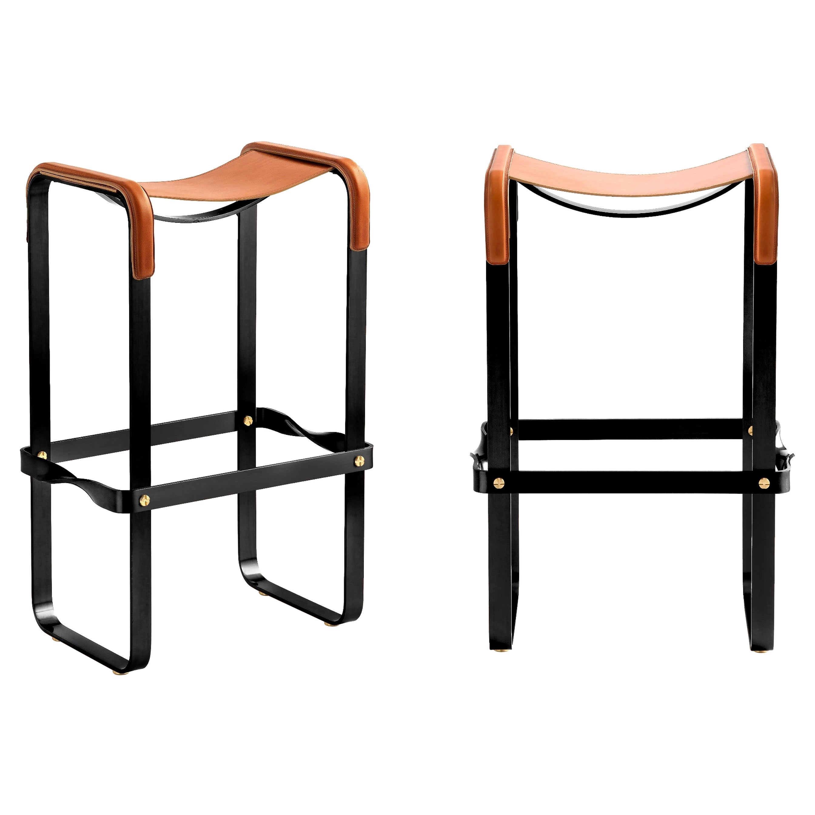 Pair Contemporary Bar Stool Black Smoke Metal & Natural Tobacco Leather For Sale
