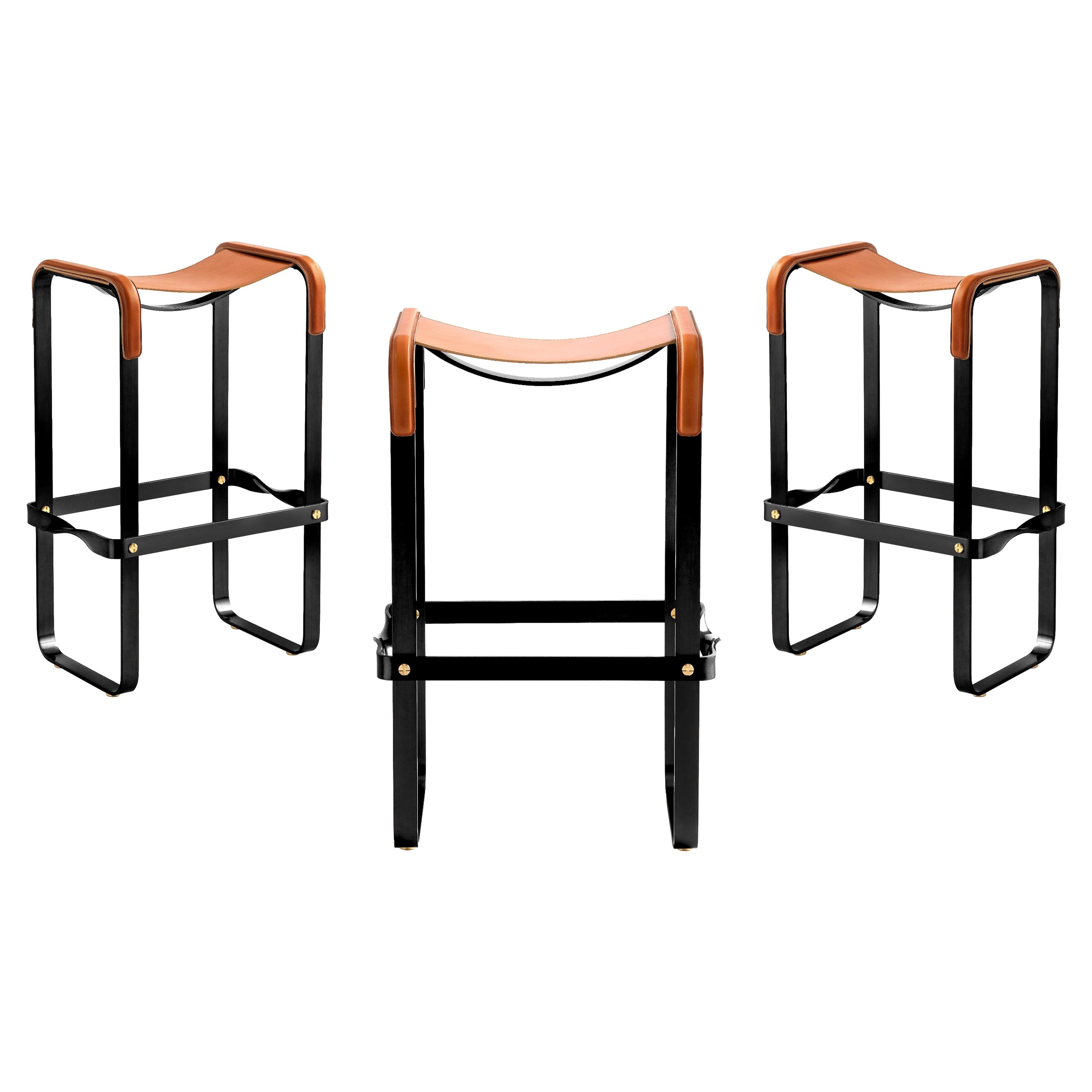 Set of 3 Contemporary Bar Stool Black Smoke Metal & Natural Tobacco Leather For Sale