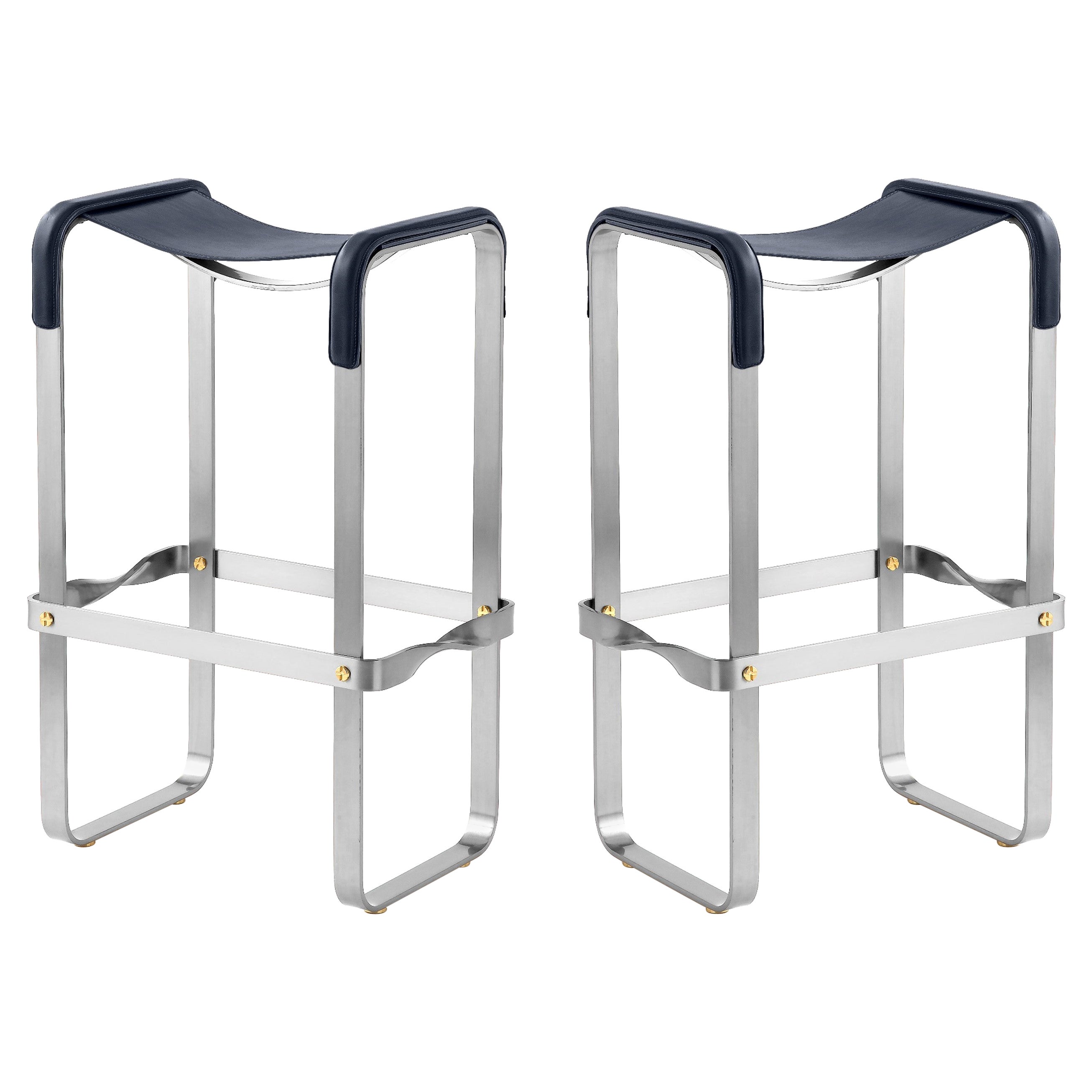 Set of 2 Bar Stool Silver Aged Steel & Navy Blue Saddle Contemporary Style