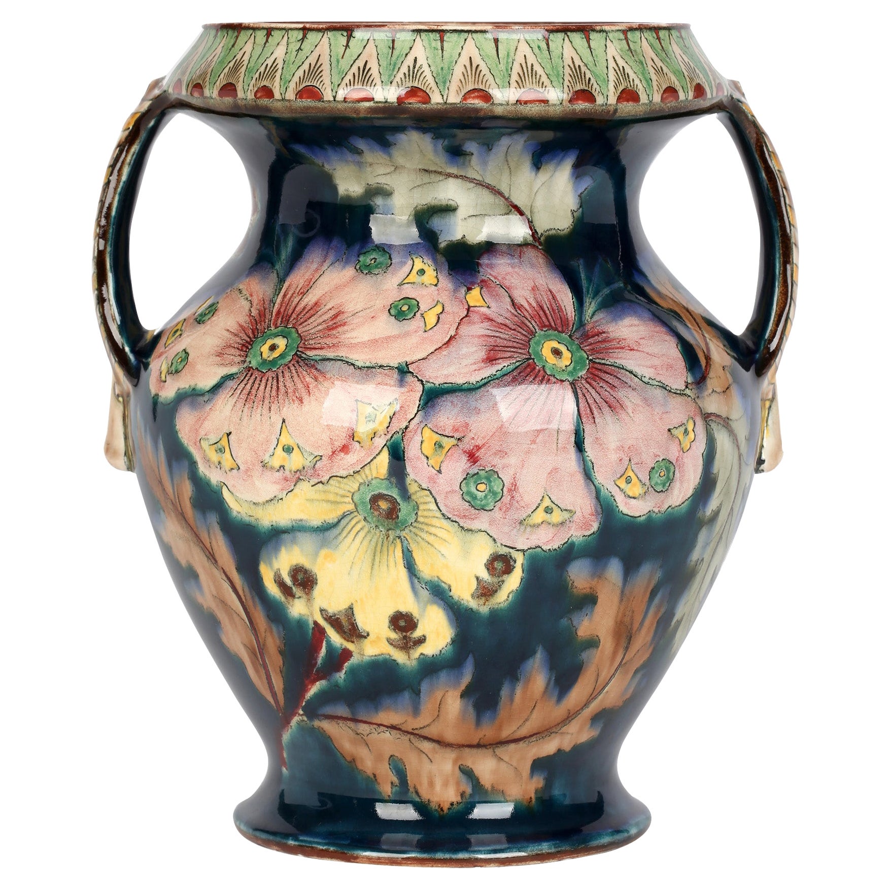 Royal Bonn Art Nouveau Twin Handled Hand Painted Floral Pottery Vase
