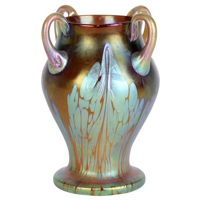 Loetz Art Nouveau Four Handled Phaenomen Iridescent Art Glass Vase For Sale