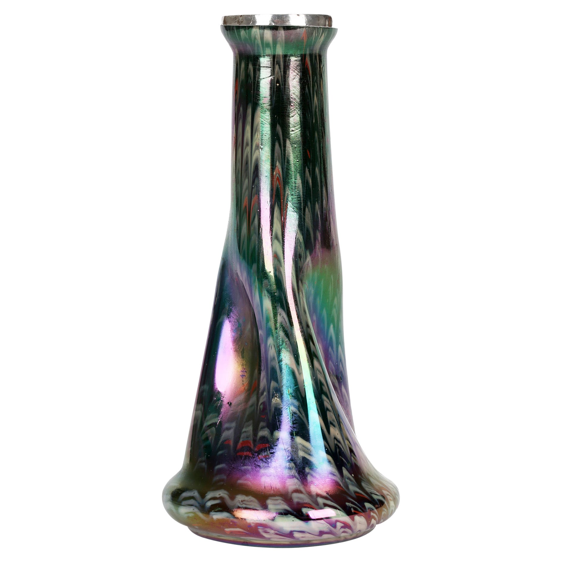 Josef Rindskopf Art Nouveau Iridescent Silver Rimmed Art Glass Vase