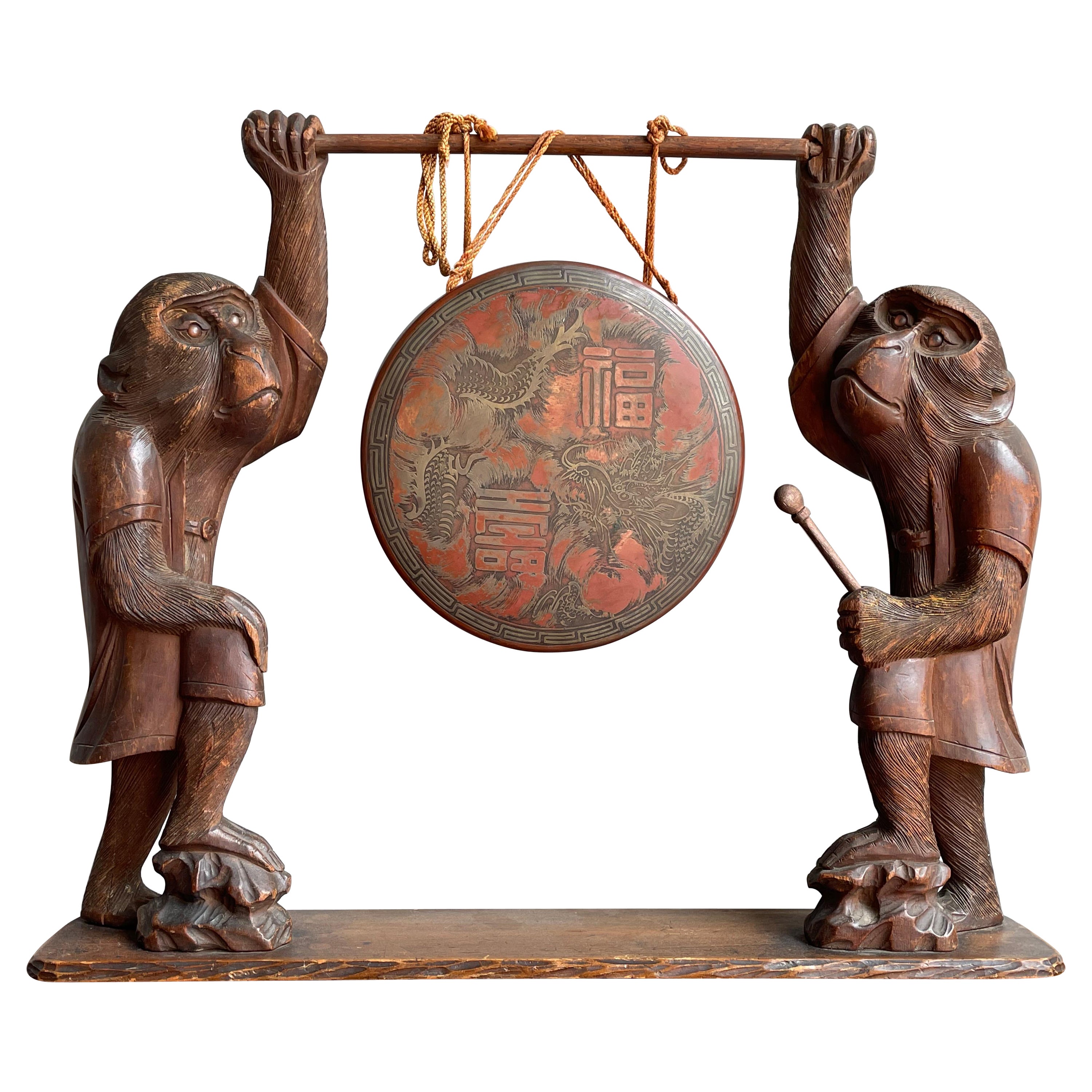 Antique Chinese Table Gong Held Up by Two Hand Carved Wooden Monkey Sculptures