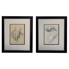 Antique Graphite on Paper Two Artist Studies of Hands and Extended Foot