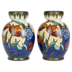 Plateelbakkerij Zuid-Holland 'PZH' Pair Gouda Senga Pattern Painted Vases
