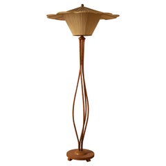 Swedish, Organic Floor Lamp, Brass, Wrapped Wood Veneer, Fabric, 1930s