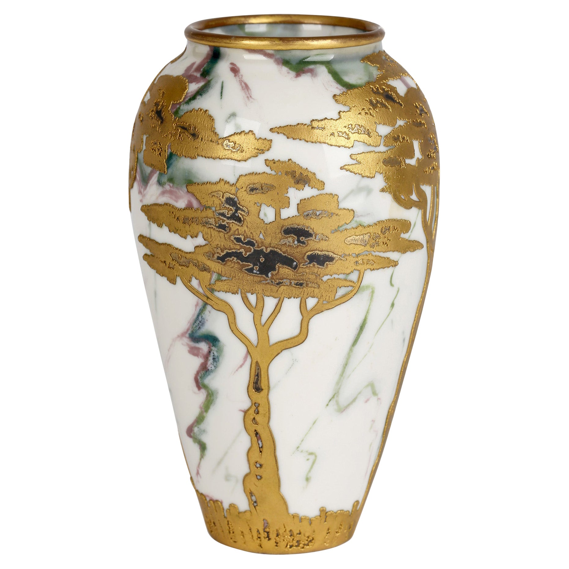 Gebrüder Heubach German Art Nouveau Gilded Trees Overlaid Porcelain Vase