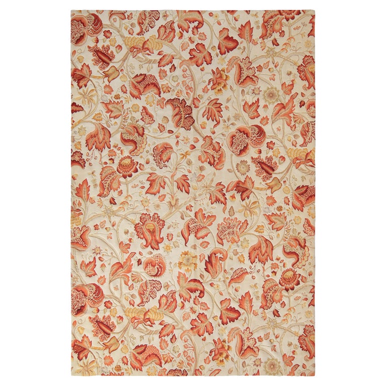 Rug & Kilim’s Tudor Style Rug in Beige, Red & White Floral Pattern For Sale