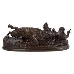 Antique Pierre Jules Mene French Bronze Sculpture of "Spanish Griffon Dog Seizing a Duck