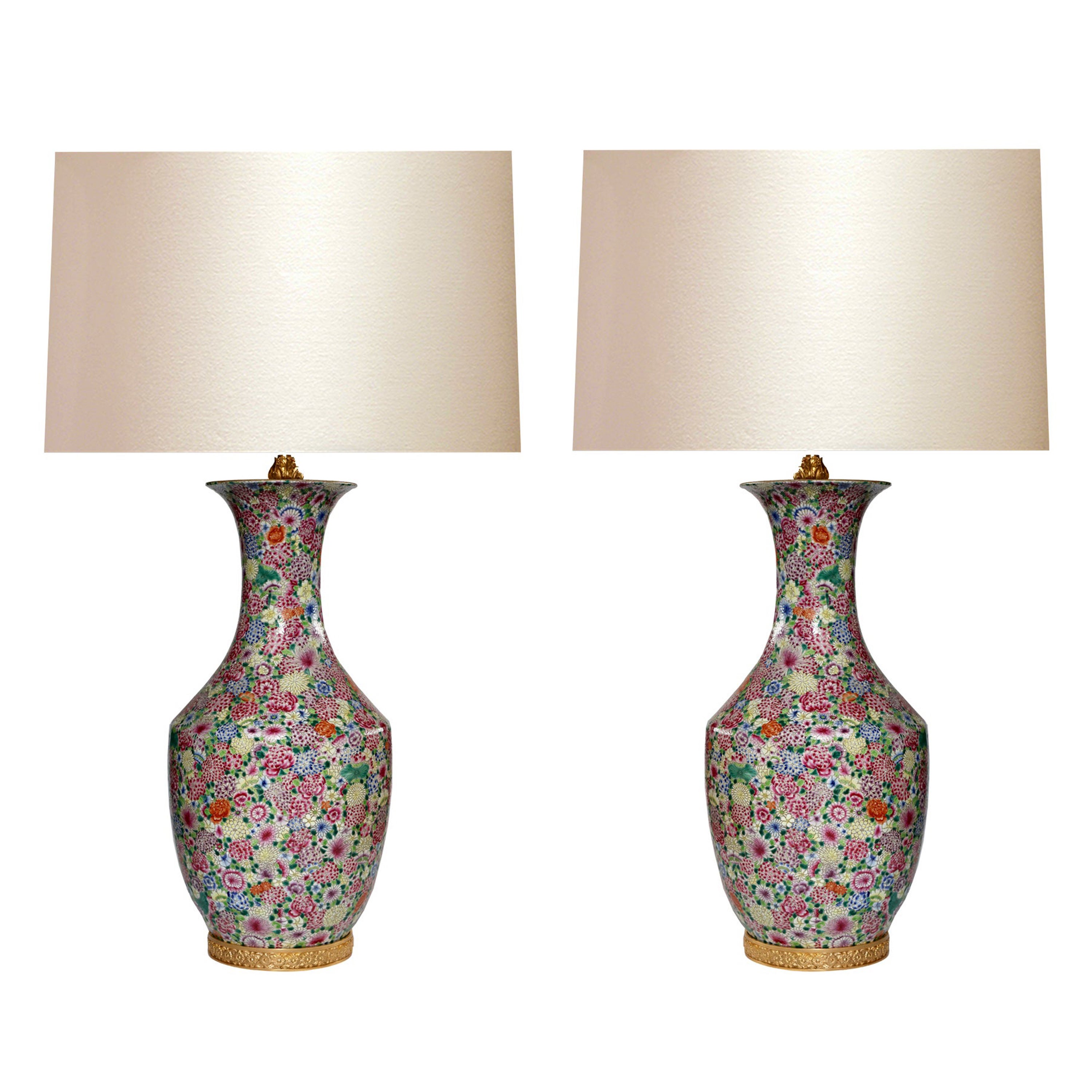 Pair of Familie Rose Porcelain Lamps For Sale