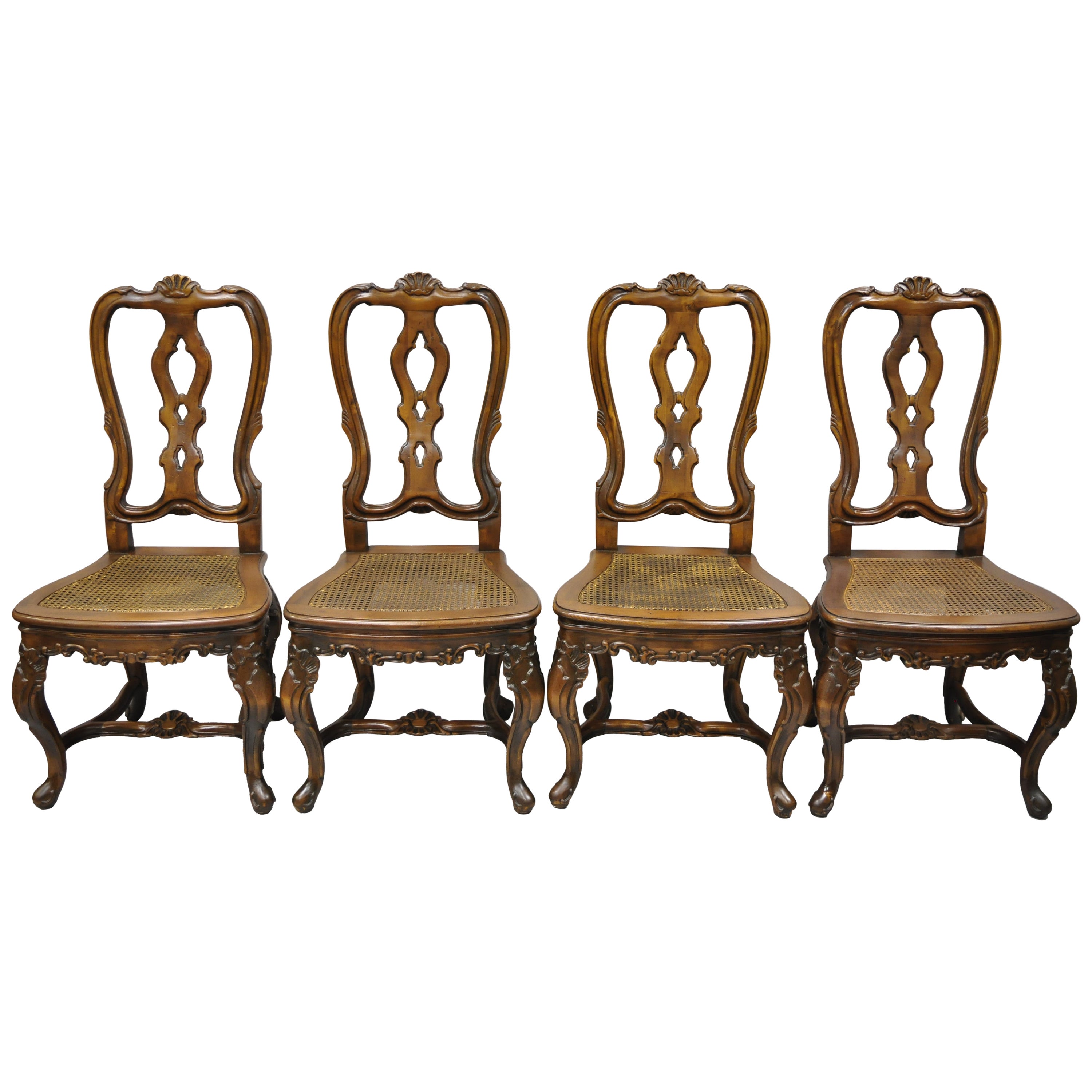 Spanish Rococo Baroque Style Solid Pine Wood Cane Seat Dining Chairs, Set of 4
