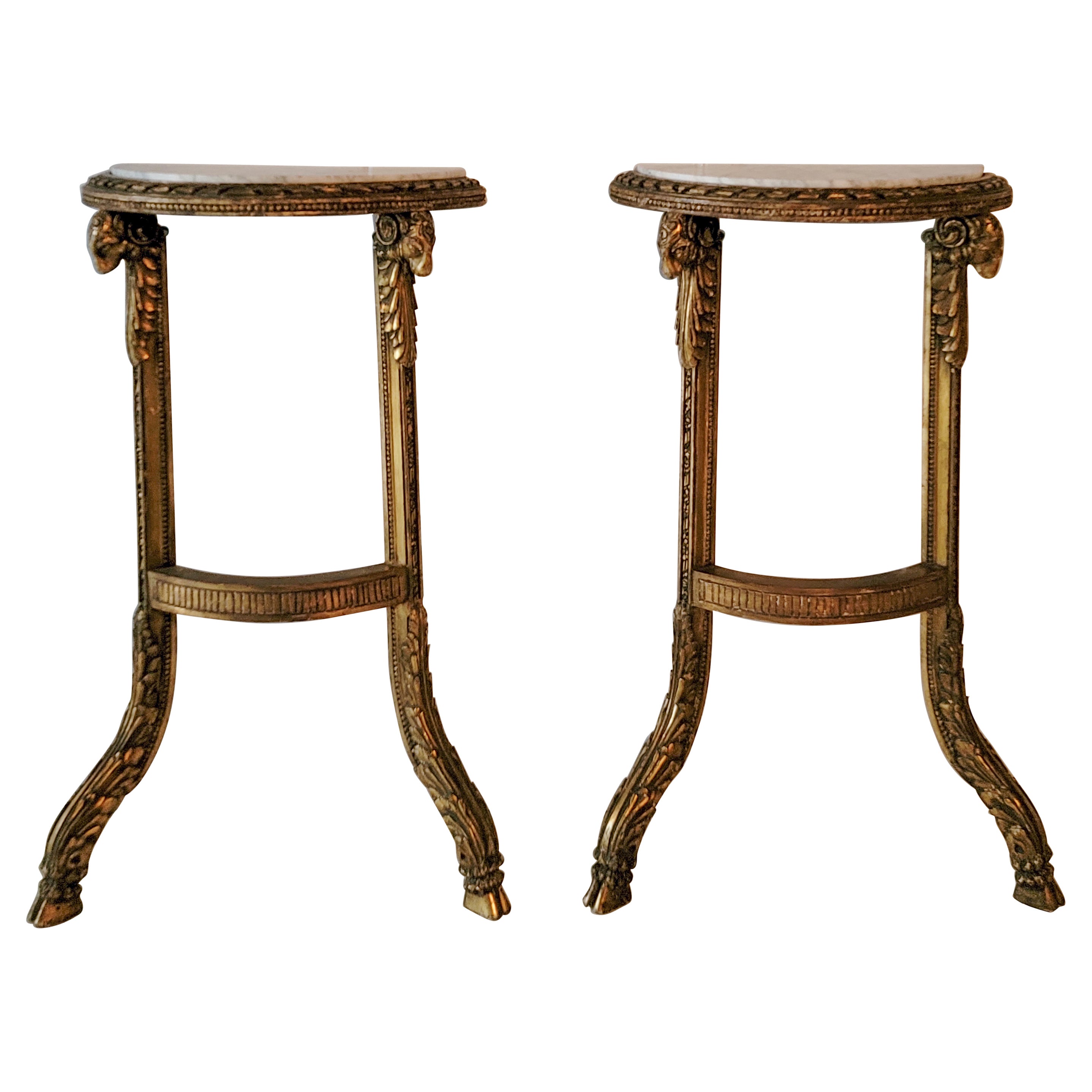 19th-C. French Neo-Classical Style Carved Ram Marble Top Console Tables, Pair