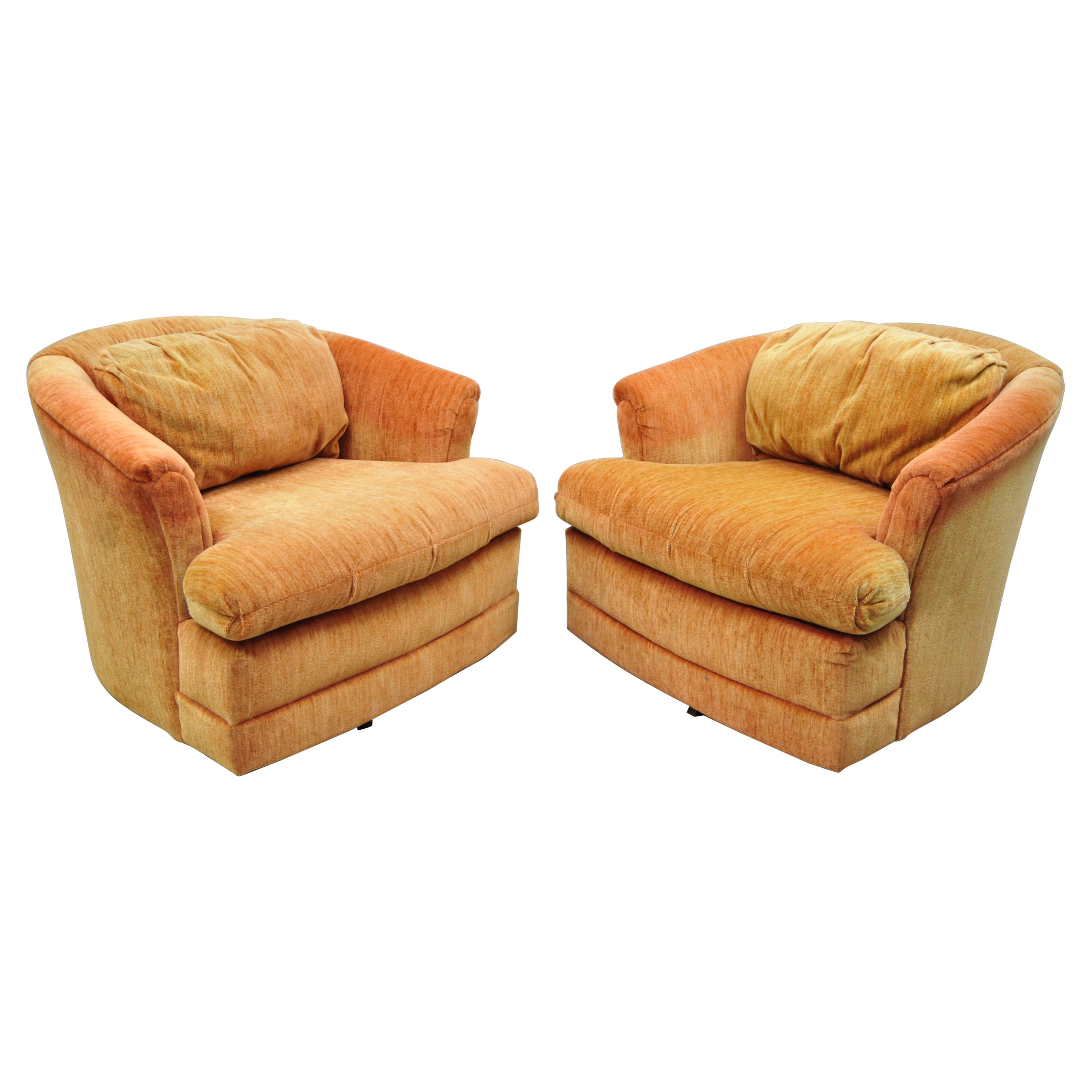 Flexsteel Mid Century Orange Upholstered Swivel Lounge Club Chairs, a Pair For Sale