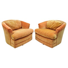 Flexsteel Mid Century Orange Upholstered Swivel Lounge Club Chairs, a Pair