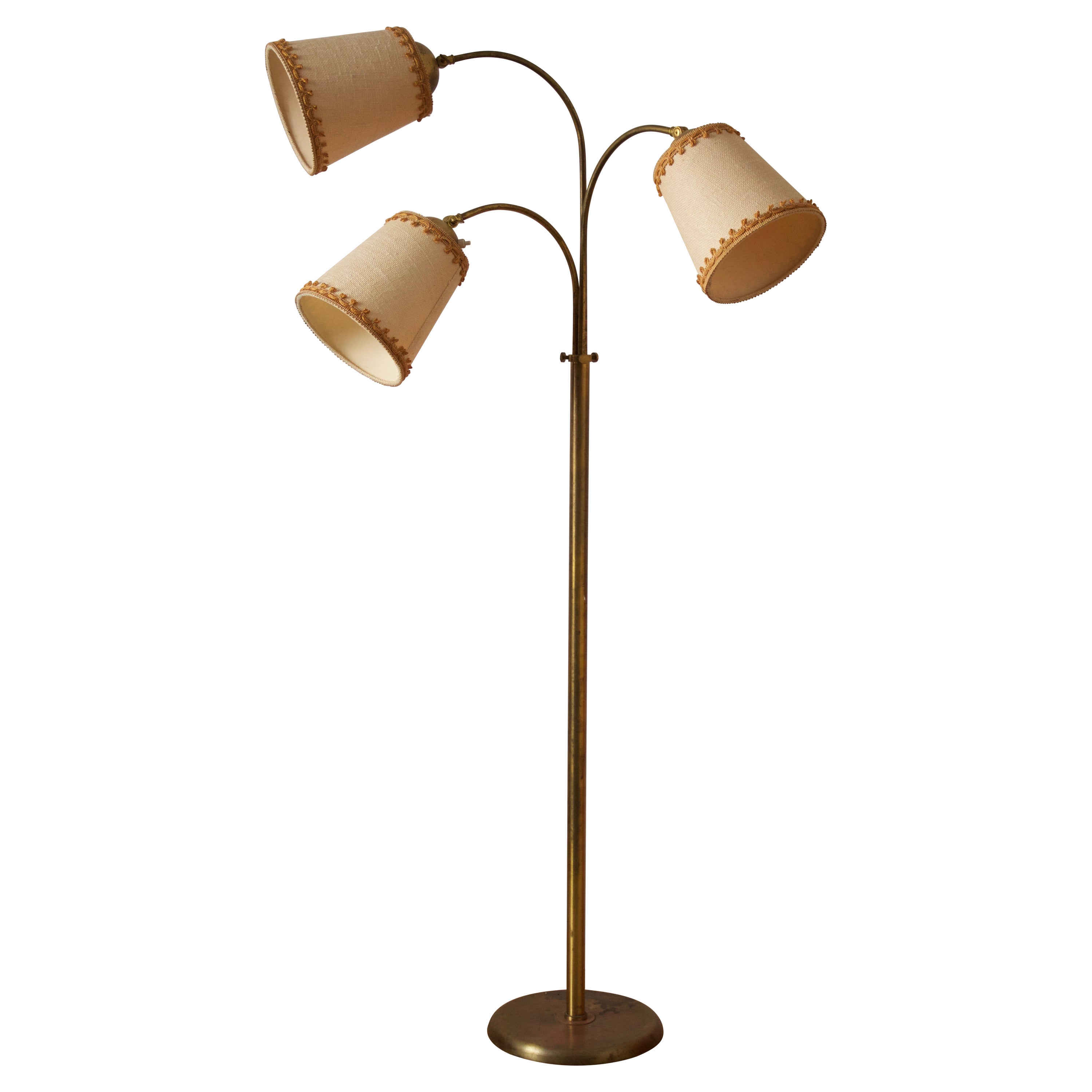 Swedish Designer, Functionalist Floor Lamp, Brass, Fabric, 1940s