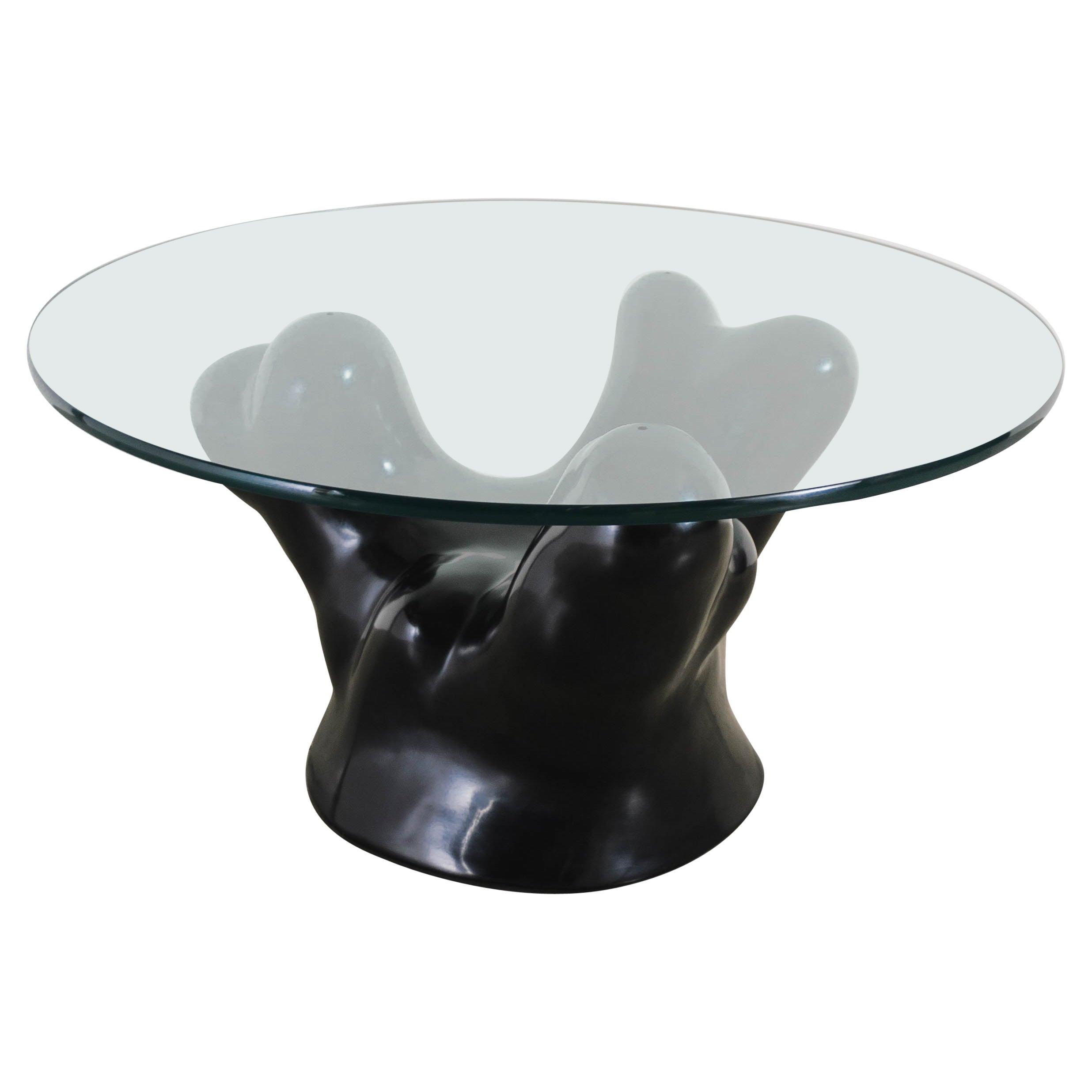 Table à cocktail contemporaine en laque noire et corail avec plateau en verre de Robert Kuo