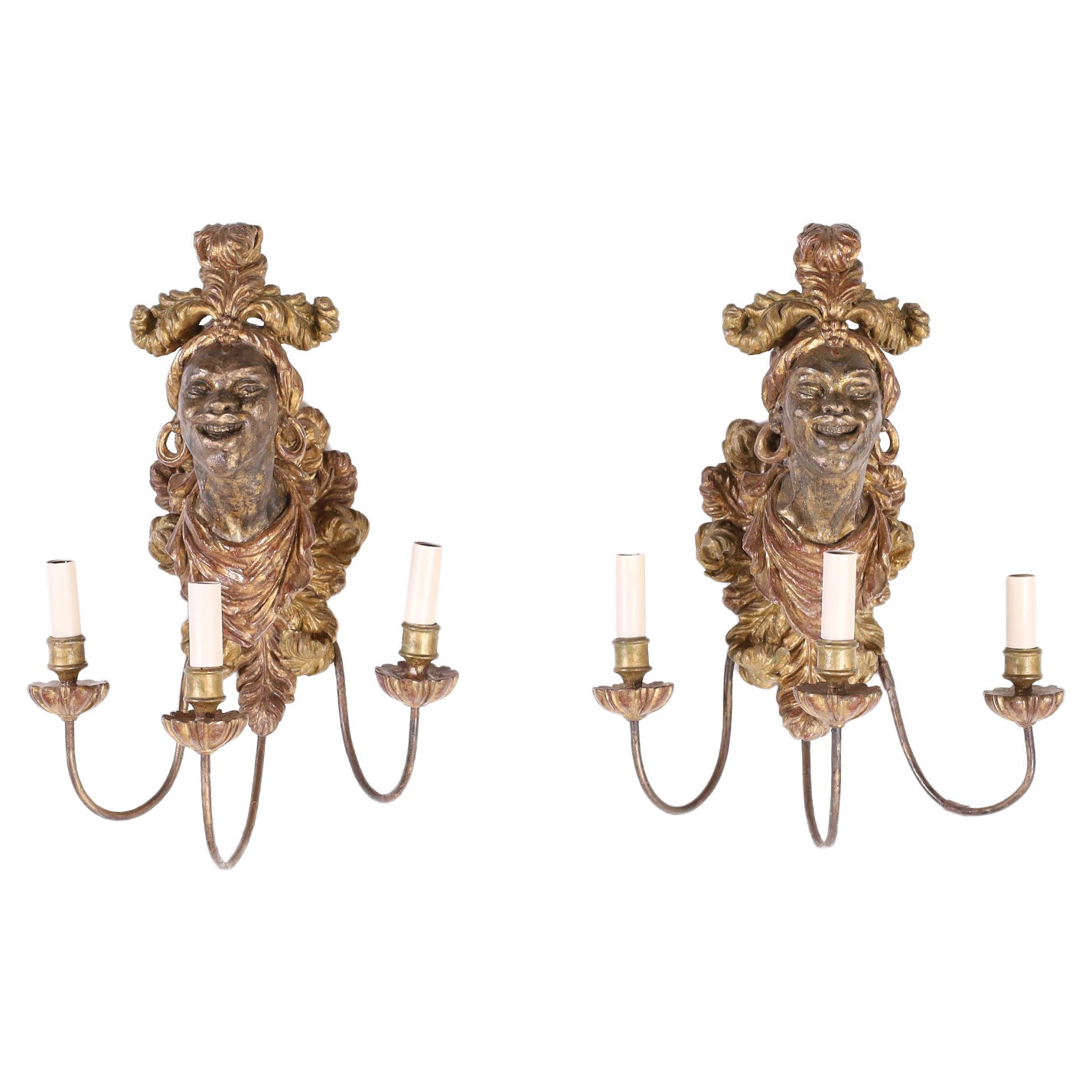 Pair of 18th c. Painted Wood and Mirror Wall Sconces For Sale