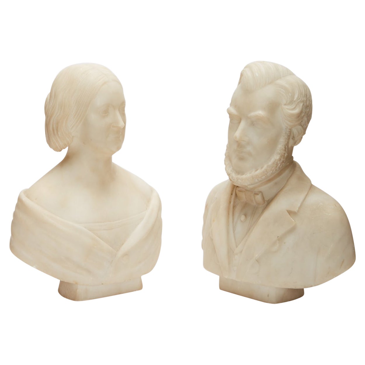 Pair of Marble Portrait Busts of Male and Female 19th Century American For Sale