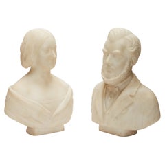 Antique Pair of Marble Portrait Busts of Male and Female 19th Century American