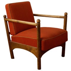 Swedish, Modernist Lounge Chair, Carved Stained Solid Wood, Fabric, Sweden 1930s