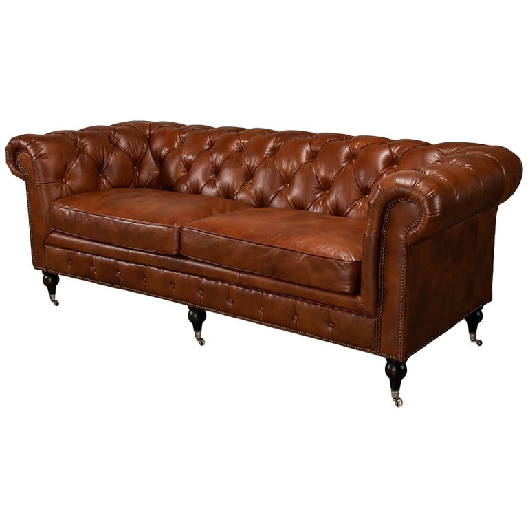 Vintage Style Classic Chesterfield Sofa, Brown Leather For Sale