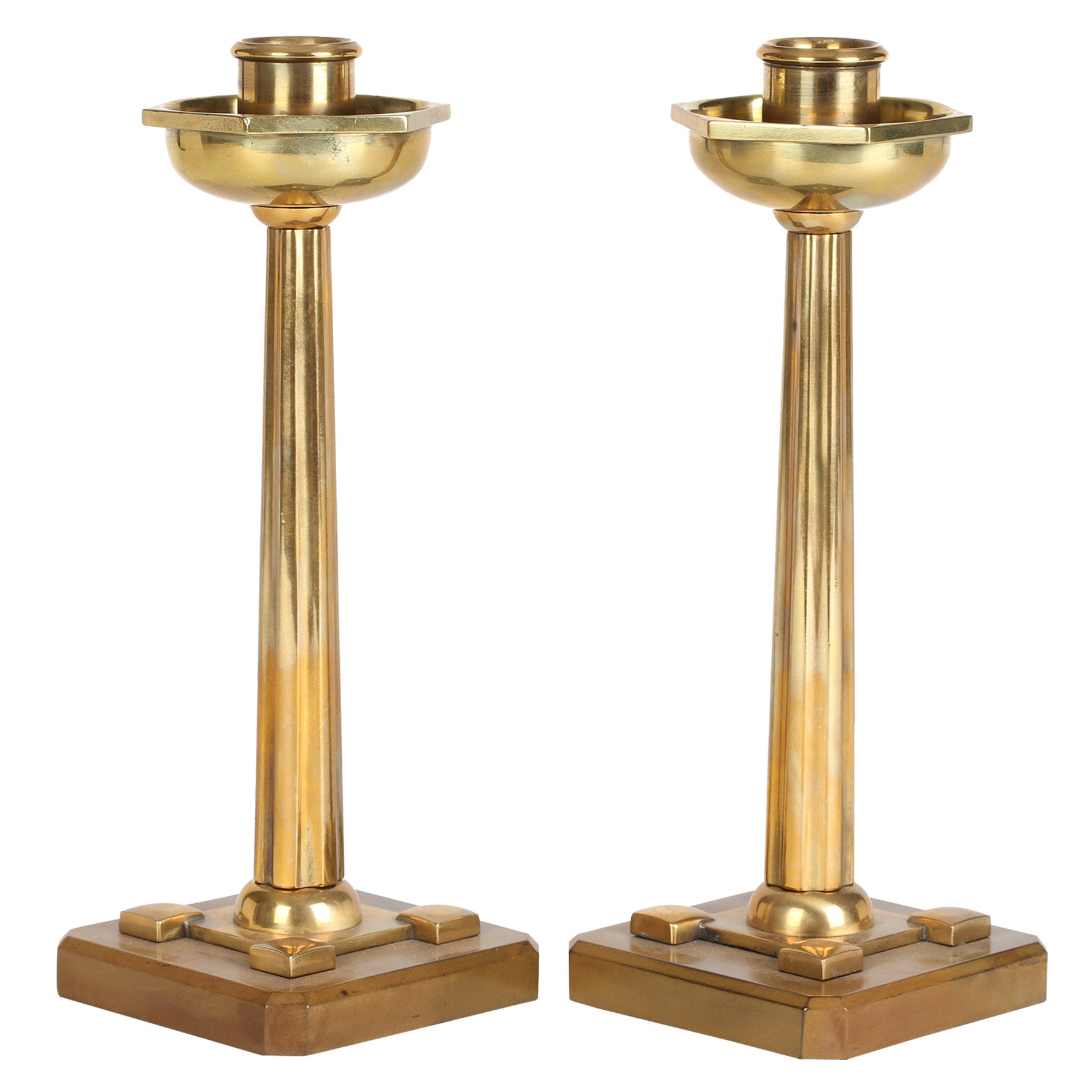 German Jugendstil Pair Bakelite Mounted Polished Brass Candlesticks For Sale