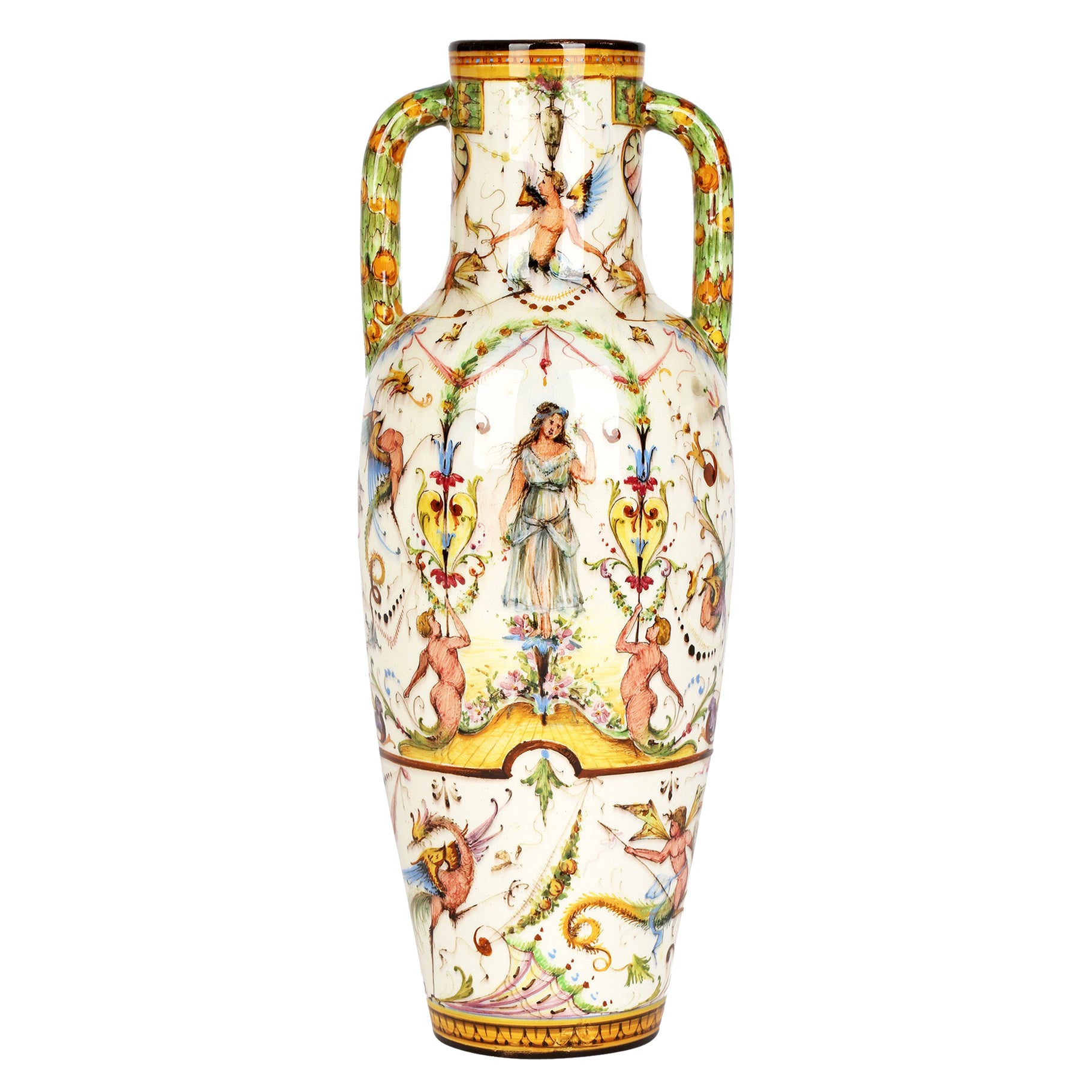 Delphin Massier French Vallauris Hand Painted Twin Handled Majolica Vase