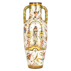 Delphin Massier French Vallauris Hand Painted Twin Handled Majolica Vase