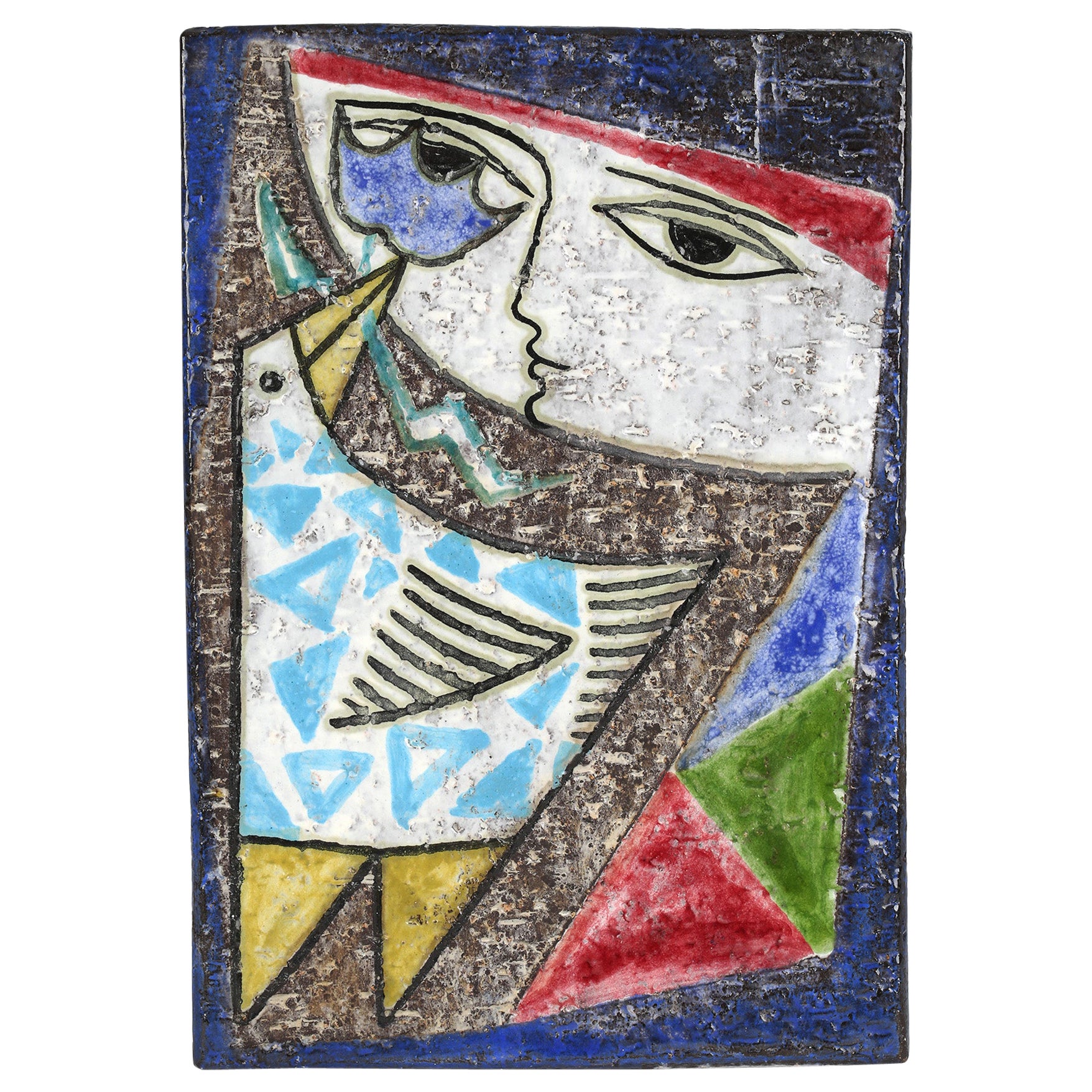 Mari Simmulson Upsala-Ekeby Abstract Painted Girl and Bird Pottery Tile For Sale