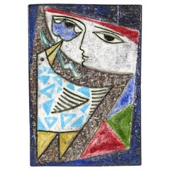 Vintage Mari Simmulson Upsala-Ekeby Abstract Painted Girl and Bird Pottery Tile