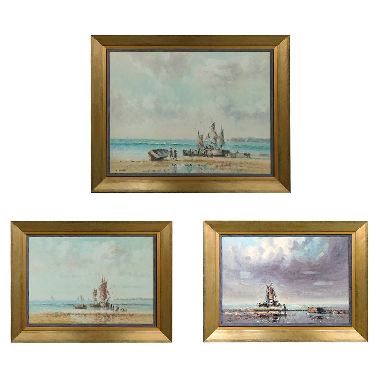 Oil on Canvas Laszlo Ritter 'Hungary, 1937-2003' 3 Beach Scene Paintings For Sale