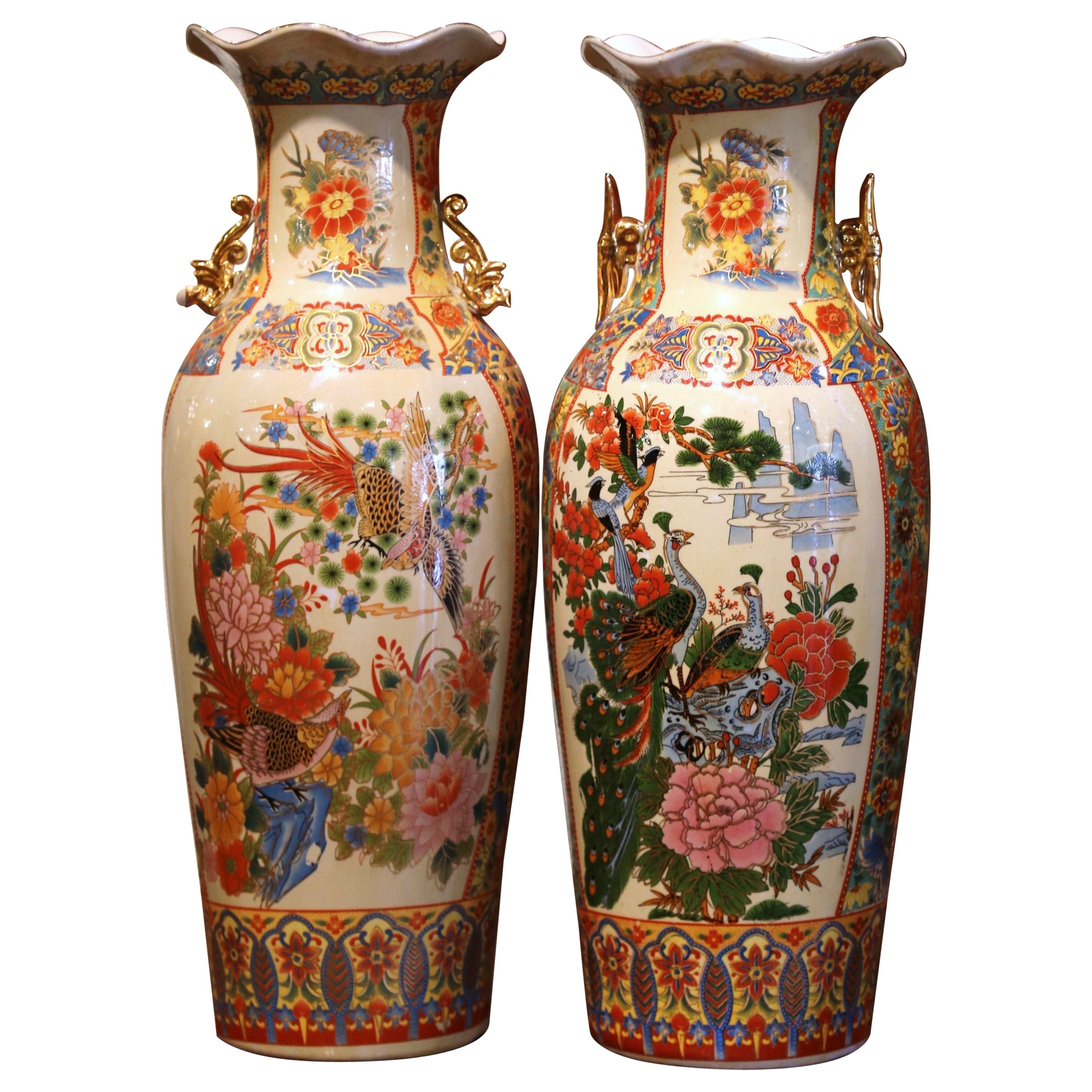 Pair of Mid-Century Chinese Polychrome Painted and Gilt Porcelain Vases
