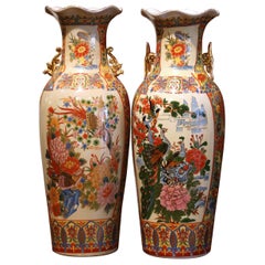 Pair of Mid-Century Chinese Polychrome Painted and Gilt Porcelain Vases