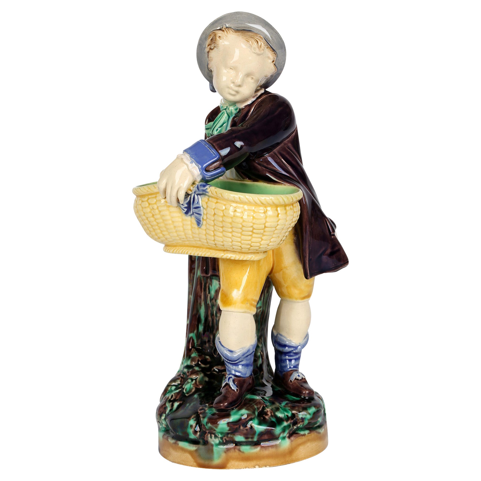 Minton Majolica Pottery Boy Holding a Basket Probably for Salt