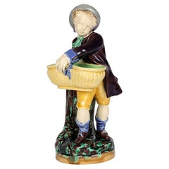 Antique Minton Majolica Pottery Boy Holding a Basket Probably for Salt