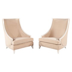 Pair of Modern High Back Lounge Chairs with Designer Cream Velvet