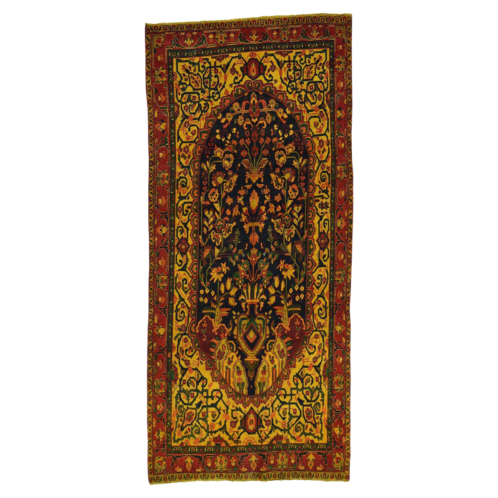 Hand Knotted Vintage Overdyed Persian Bakhtiari Worn Down Wide Runner