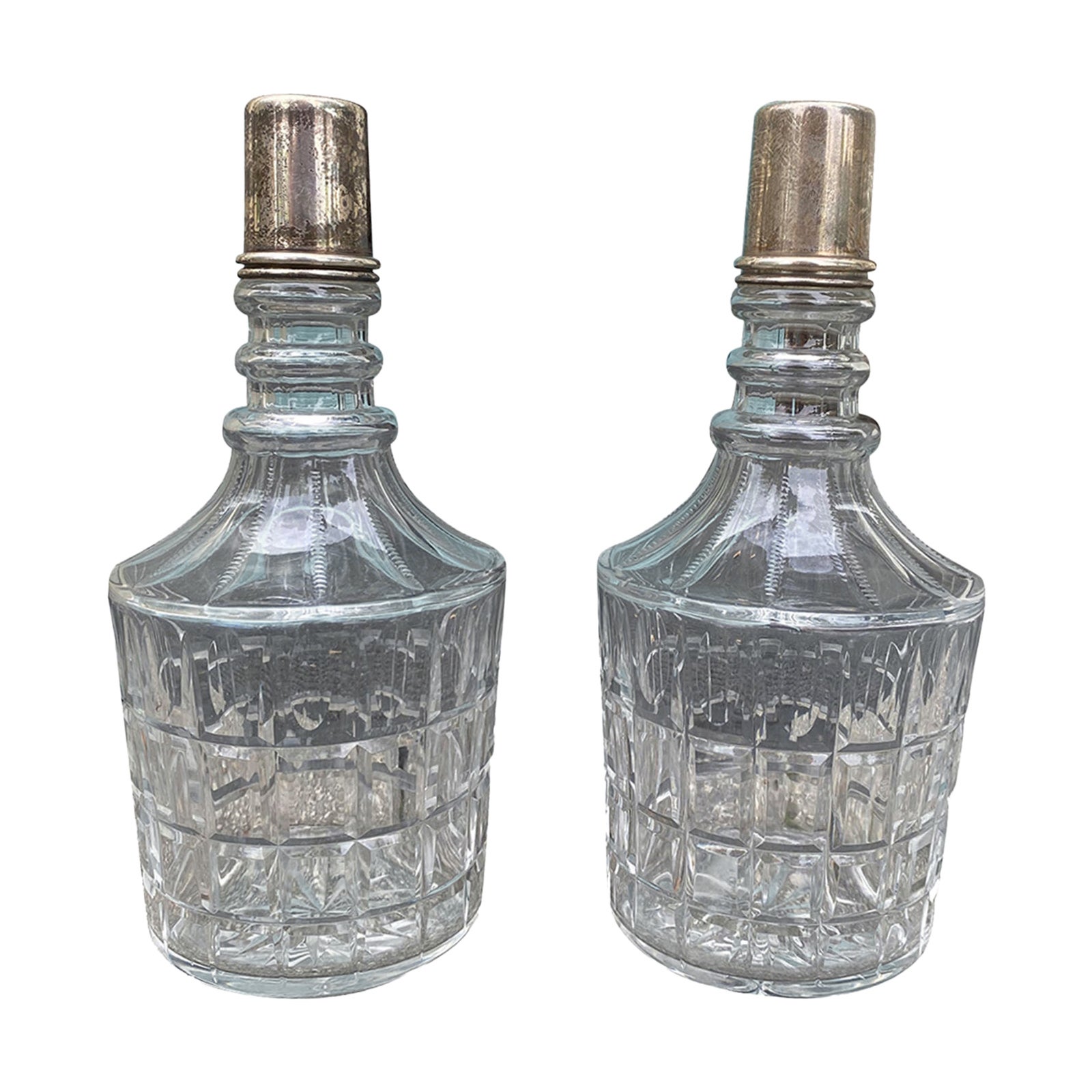 Pair of 20th Century Crystal Decanters with Sterling Tops, Possibly by Hawkes For Sale
