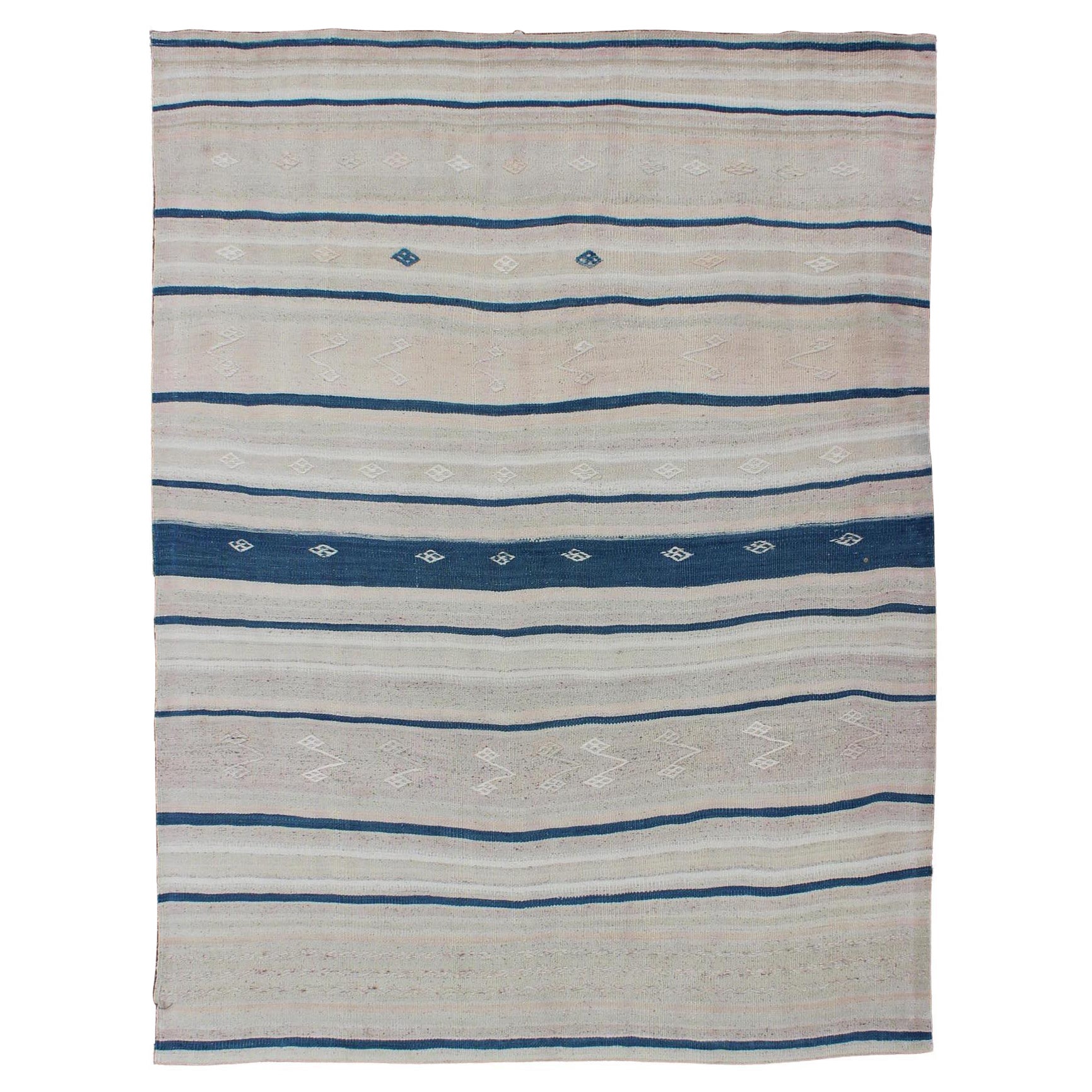 Vintage Flat-Weave Kilim with Navy Blue, Light Green & Taupe in Striped Design For Sale