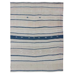 Vintage Flat-Weave Kilim with Navy Blue, Light Green & Taupe in Striped Design